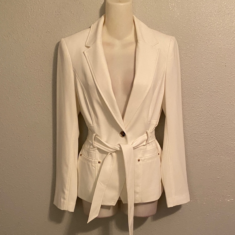 NWT Cache white stretch fitted tailored look belted blazer jacket 4 - Picture 2 of 10